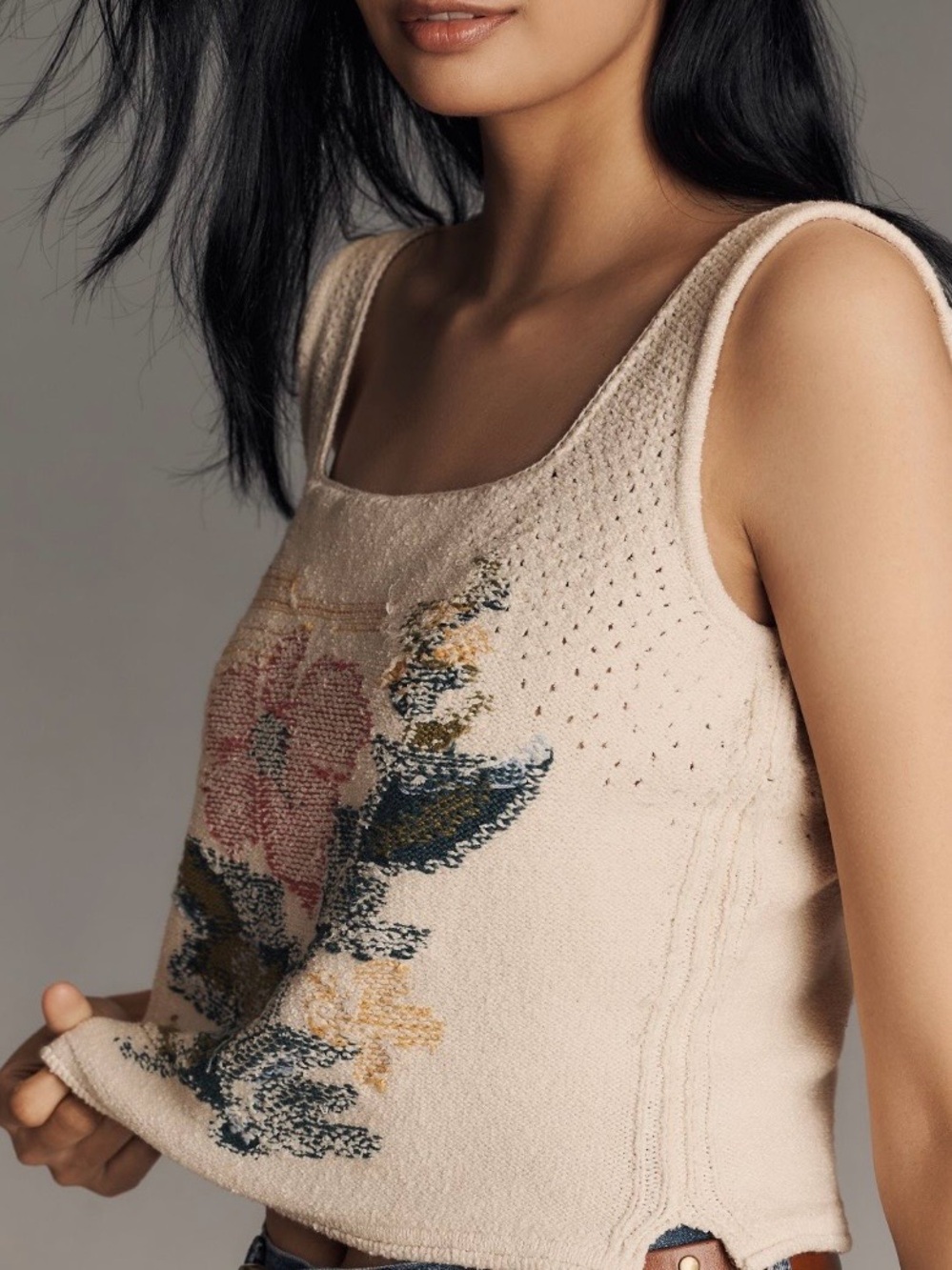 Anthropologie Pilcro Cream Floral Crewneck Sweater Tank - Picture 4 of 4